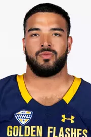 Headshot of a Kent State football player wearing a navy blue jersey with 'Golden Flashes' text in gold letters
