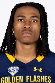 Headshot of a Kent State football player wearing a navy blue jersey with 'Golden Flashes' text in gold letters