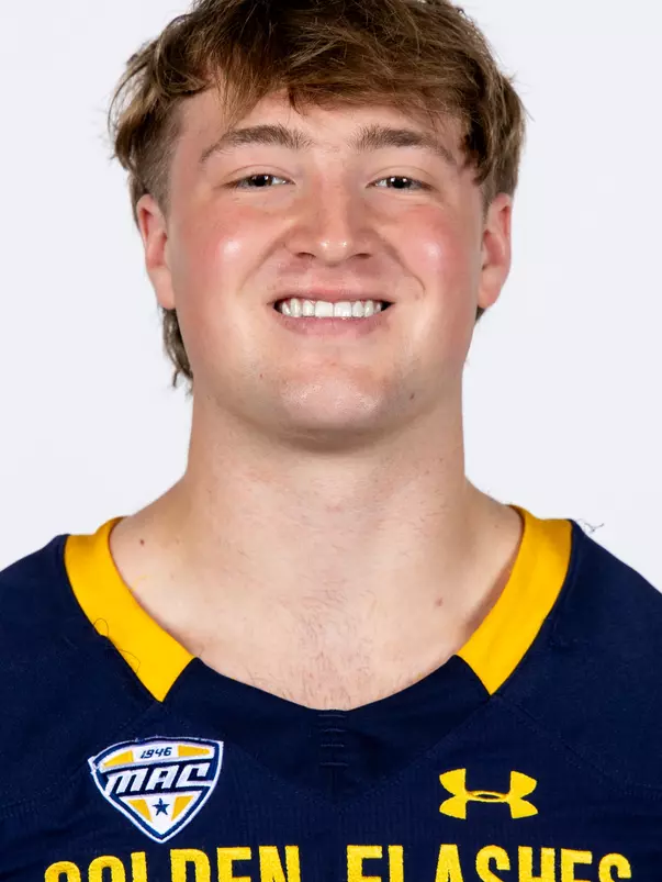 Headshot of a Kent State football player wearing a navy blue jersey with 'Golden Flashes' text in gold letters