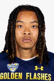 Headshot of a Kent State football player wearing a navy blue jersey with 'Golden Flashes' text in gold letters