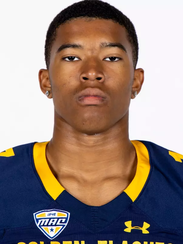 Headshot of a Kent State football player wearing a navy blue jersey with 'Golden Flashes' text in gold letters