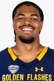 Headshot of a Kent State football player wearing a navy blue jersey with 'Golden Flashes' text in gold letters