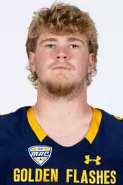 Headshot of a Kent State football player wearing a navy blue jersey with 'Golden Flashes' text in gold letters