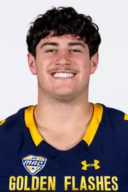 Headshot of a Kent State football player wearing a navy blue jersey with 'Golden Flashes' text in gold letters
