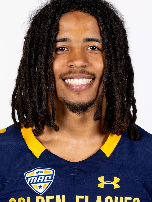 Headshot of a Kent State football player wearing a navy blue jersey with 'Golden Flashes' text in gold letters
