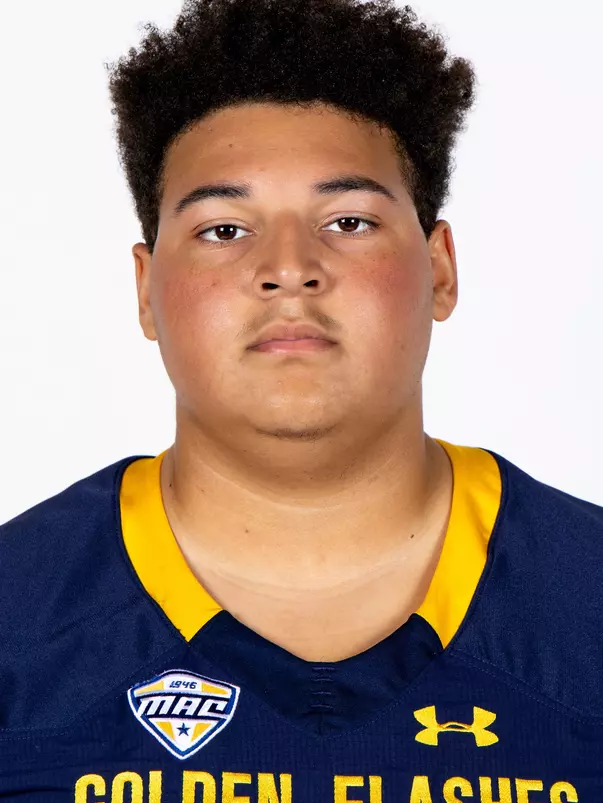 Headshot of a Kent State football player wearing a navy blue jersey with 'Golden Flashes' text in gold letters