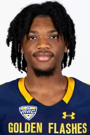 Headshot of a Kent State football player wearing a navy blue jersey with 'Golden Flashes' text in gold letters