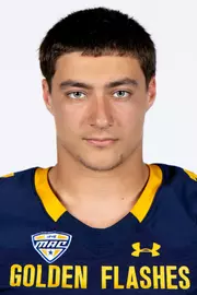 Headshot of a Kent State football player wearing a navy blue jersey with 'Golden Flashes' text in gold letters
