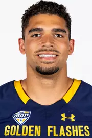 Headshot of a Kent State football player wearing a navy blue jersey with 'Golden Flashes' text in gold letters