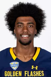 Headshot of a Kent State football player wearing a navy blue jersey with 'Golden Flashes' text in gold letters