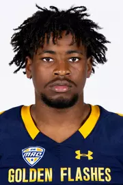 Headshot of a Kent State football player wearing a navy blue jersey with 'Golden Flashes' text in gold letters