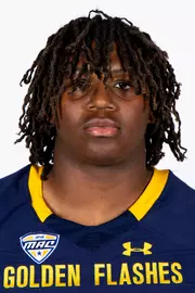 Headshot of a Kent State football player wearing a navy blue jersey with 'Golden Flashes' text in gold letters
