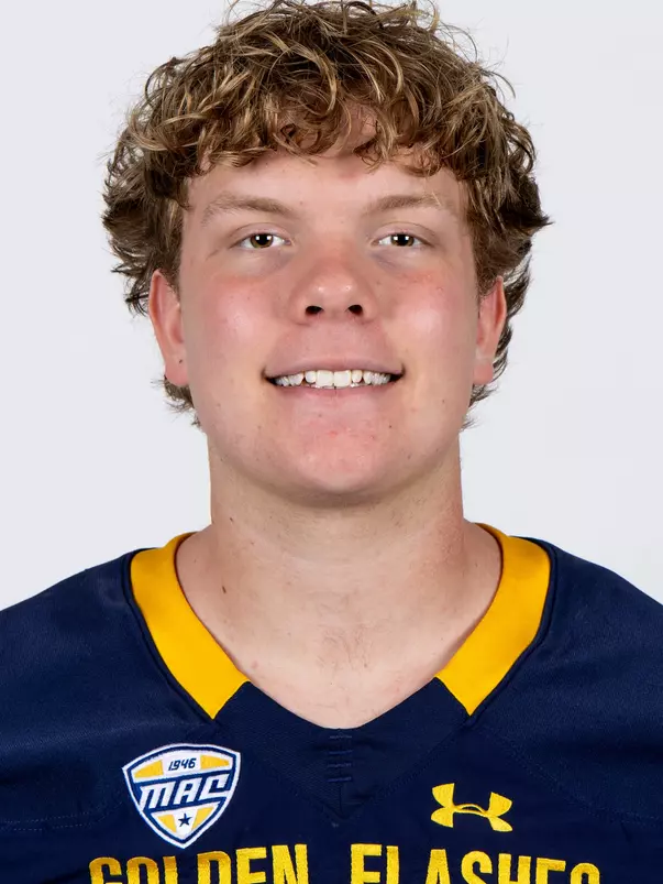 Headshot of a Kent State football player wearing a navy blue jersey with 'Golden Flashes' text in gold letters