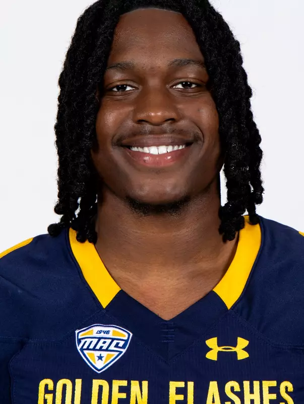 Headshot of Mason King wearing a navy blue and gold Golden Flashes jersey