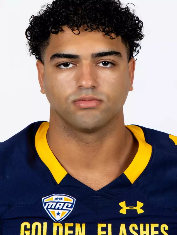 Headshot of Sayed Abuhamdeh wearing a navy blue and gold Golden Flashes jersey