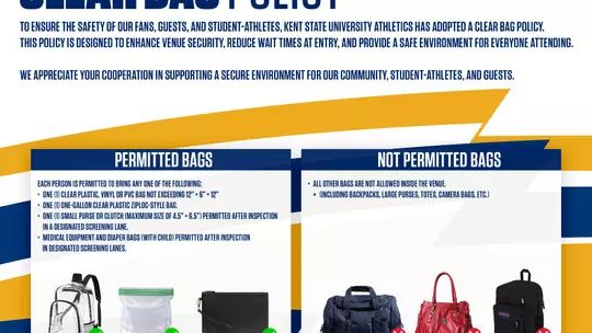 Informational graphic on a navy, gold, and white background outlining Kent State University Athletics' Clear Bag Policy, with sections for permitted bags (clear plastic bag up to 12"×6"×12", one-gallon clear zip-lock bag, or small clutch up to 4.5"×6.5") shown with green checkmarks, and not permitted bags (backpacks, large purses, totes, and camera bags) shown with red X marks, with images of example bags in each category.