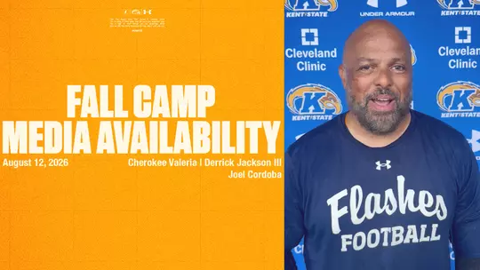 A split-screen graphic for Kent State Football's Media Availability on August 12, 2026. The left side features a bright gold graphic listing Cherokee Valeria, Derrick Jackson III, and Joel Cordoba. The right side shows a photo of a coach wearing a navy "Flashes Football" shirt standing in front of a blue Kent State backdrop.