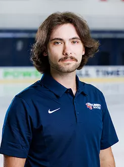 Nolan Borek from the Men’s D1 Hockey had his headshot taken in the Lahaye Ice Center on August 27, 2025. (Photo by Simon Barbre)