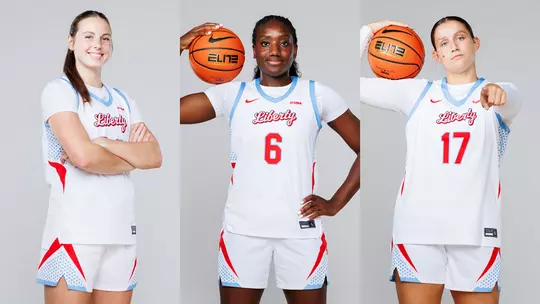 Sophia Gregory, Ify Nwaobi and Emmy Stout pose on Liberty women's basketball media day on Sept. 8, 2026.