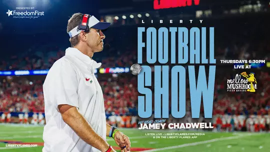 Graphic providing details about the Liberty Football Show Graphic for 2026 season. The show will air each week on Thursday from 6:30 to 7:30 p.m. from the Mellow Mushroom in Lynchburg
