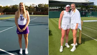 Madeline Brooks, class of 2019, is participating at Wimbledon. Left photo is of her at Lipscomb, and the right is with her doubles partner, Amelia Rajecki after a practice session.