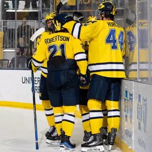 Ice hockey team huddle after goal