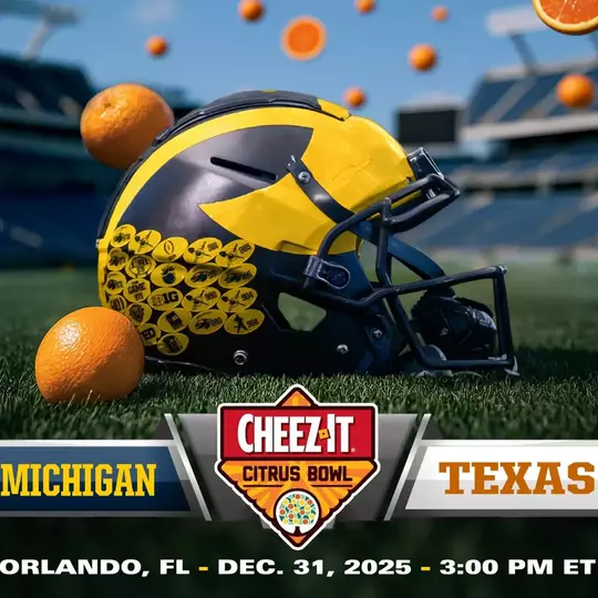 A Michigan football helmet on a field with oranges around it, promoting the Cheez-It Citrus Bowl matchup between Michigan and Texas on December 31, 2025 at 3 p.m.