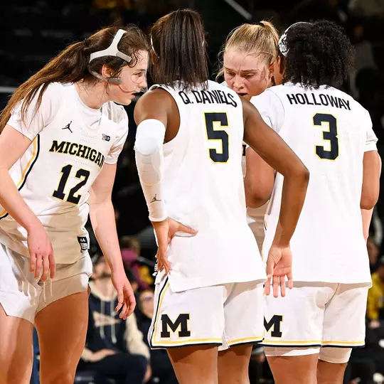 Women's basketball team huddle on-court