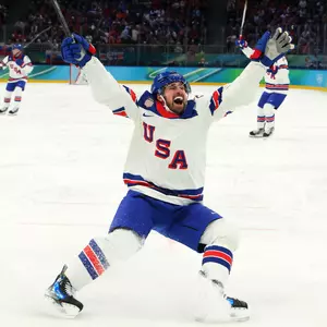 Dylan Larkin #21 of Team United States celebrates after scoring a goal in the first period during the Men's Semifinals Playoff match between the United States and Slovakia on day fourteen of the Milano Cortina 2026 Winter Olympic games at Milano Santagiulia Ice Hockey Arena on February 20, 2026 in Milan, Italy (Getty Images)