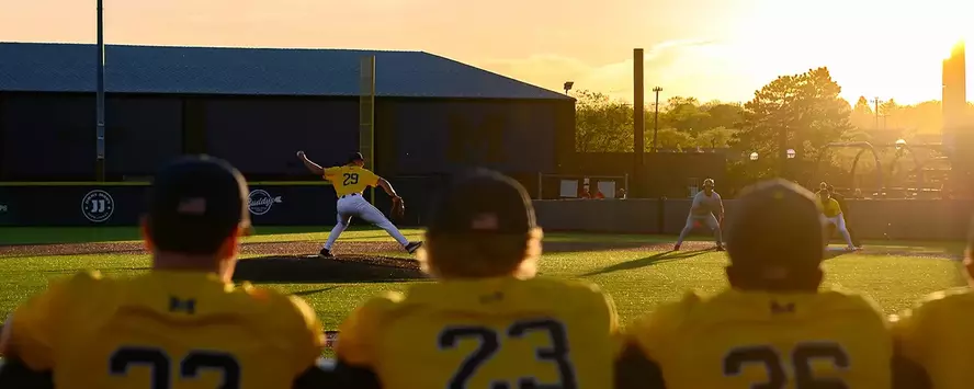 Michigan baseball players with the sun setting