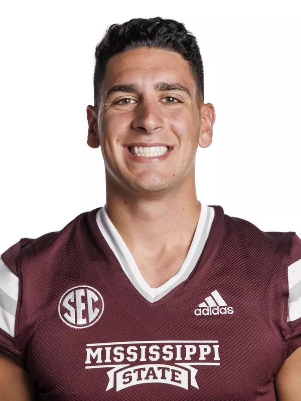 STARKVILLE, MS - May 31, 2022 - Mississippi State Punter George Georgopoulos headshot taken at the Leo Seal Jr. Football Complex at Mississippi State University in Starkville, MS. Photo By Austin Perryman