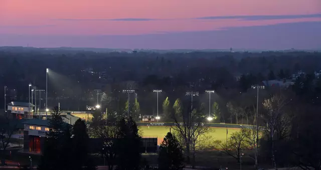 MSU Baseball lights aerial at sunset