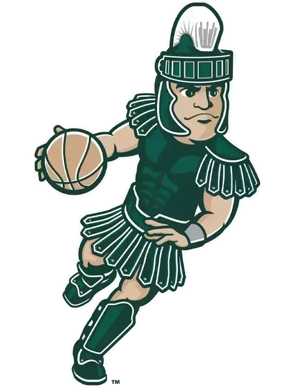 Sparty Doing Basketball logo showing artwork of Sparty dribbling a basketball