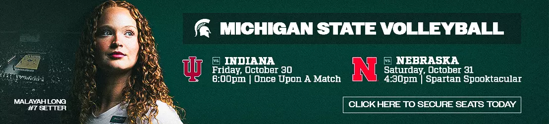 Volleyball vs. Indiana and Nebraska single game ticket graphic showing dates and times of the game