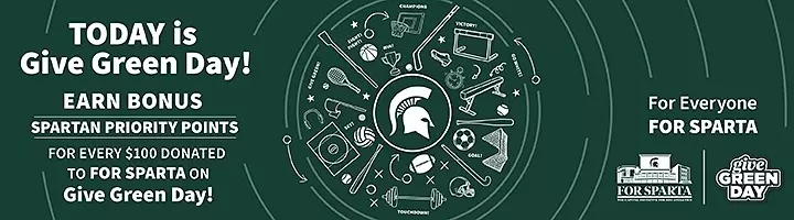 Give Green Day Graphic that is a green background with white text encouraging people to donate to FOR SPARTA today