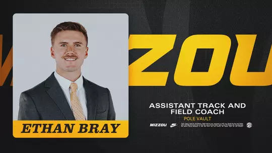 Graphic announcing that Ethan Bray has joined the staff of the Missouri Track and Field program as an assistant coach overseeing the pole vault event.