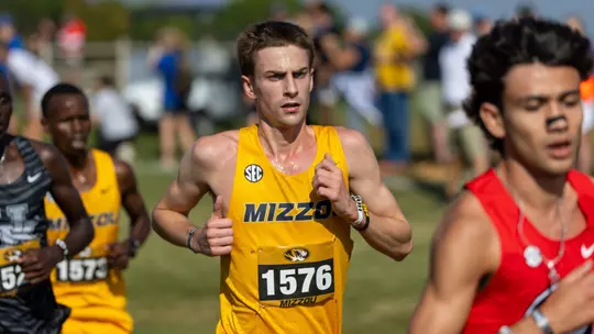 Drew Rogers of the Mizzou cross country team finishes in 12th at the Pre-National Invitational at Gans Creek Cross Country Course on October 17, 2025.