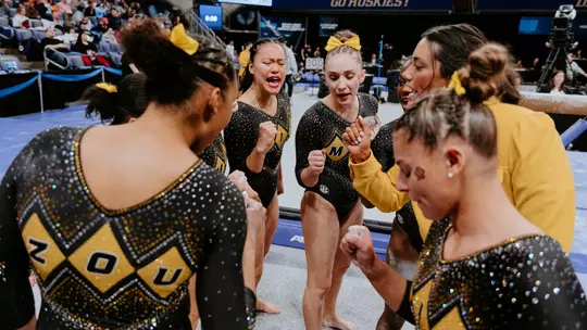 University of Missouri gymnastics preparing for its beam rotation during the NCAA Championship Regional Final on April 6, 2025 at Alaska Airlines Arena in Seattle, Washington.