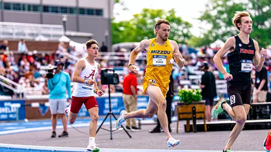 Lasse Funck of the Mizzou track and field team running in the 800m at the 2025 SEC Outdoor Track and Field Championships.