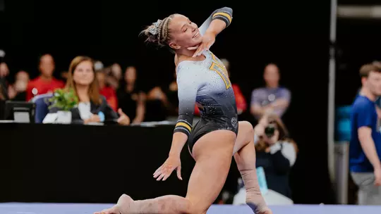 Kaia Tanskanen during her floor routine at Mizzou gymnastics' second round meet of the NCAA Championship on April 4, 2025.