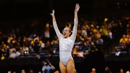 Ayla Acevedo after her floor exercise routine against Oklahoma on Jan. 16, 2026.