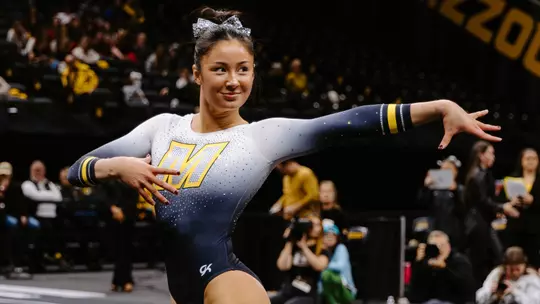Maiya Terry performing her floor routine during Mizzou gymnastics' season-opening meet against Iowa State on Jan. 4, 2026.