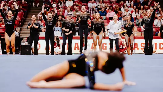The Mizzou gymnastics team celebrating during a teammate's floor routine at Alabama on Jan. 23, 2026.