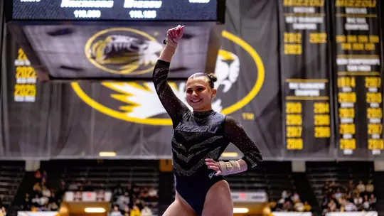 Graduate student Lauren Macpherson during her balance beam routine in Mizzou Gymnastics' meet against Arkansas on March 1, 2026.