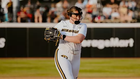 Senior Courtney Donahue readies to pitch against Alabama at Mizzou Softball Stadium