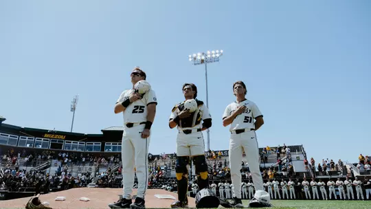 JD Dohrmann, Mateo Serna, Jase Woita stand for the national anthem vs. No. 24 Arkansas, April 25, 2026