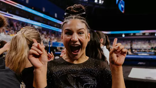 Mizzou gymnast Elise Tisler poses during the floor rotation during the 2025 NCAA Championship Final on April 19, 2025.