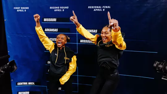 Hannah Horton and Railey Jackson celebrate after Mizzou gymnastics advances to the 2026 NCAA Championship Lexington Regional Final on April 3, 2026.