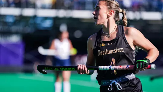 October 24, 2025, Evanston, IL: A game between Northwestern Field Hockey and Michigan at Lakeside Field in Evanston, IL on Friday, October 24, 2025. (Photo by Mary Grace Grabill/Northwestern Athletics)
