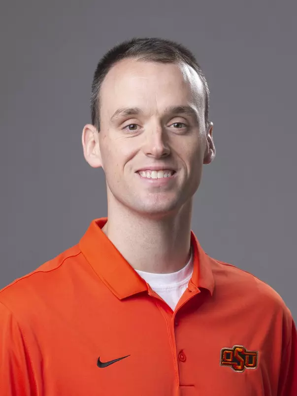 Image of Oklahoma State Football Offensive Coordinator Sean Gleeson Taken Friday, February 1, 2019, Orange Power Studios, Stillwater, OK. Bruce Waterfield/OSU Athletics